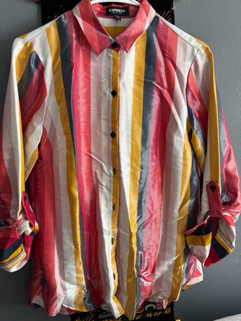 Express Multicolor Vertical Stripe Shirt - Pink, Yellow, Black, White